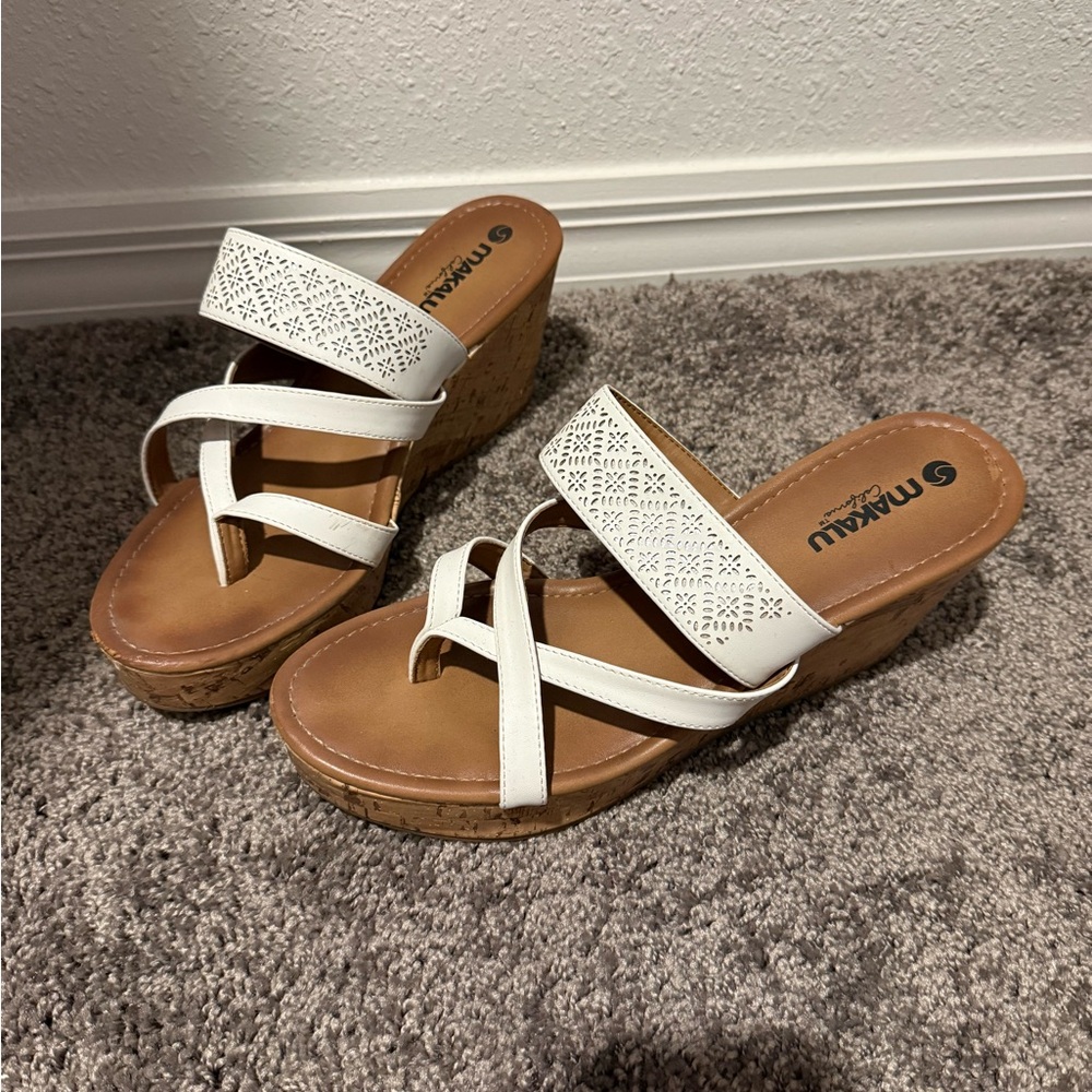 White and Tan Wedge Sandals